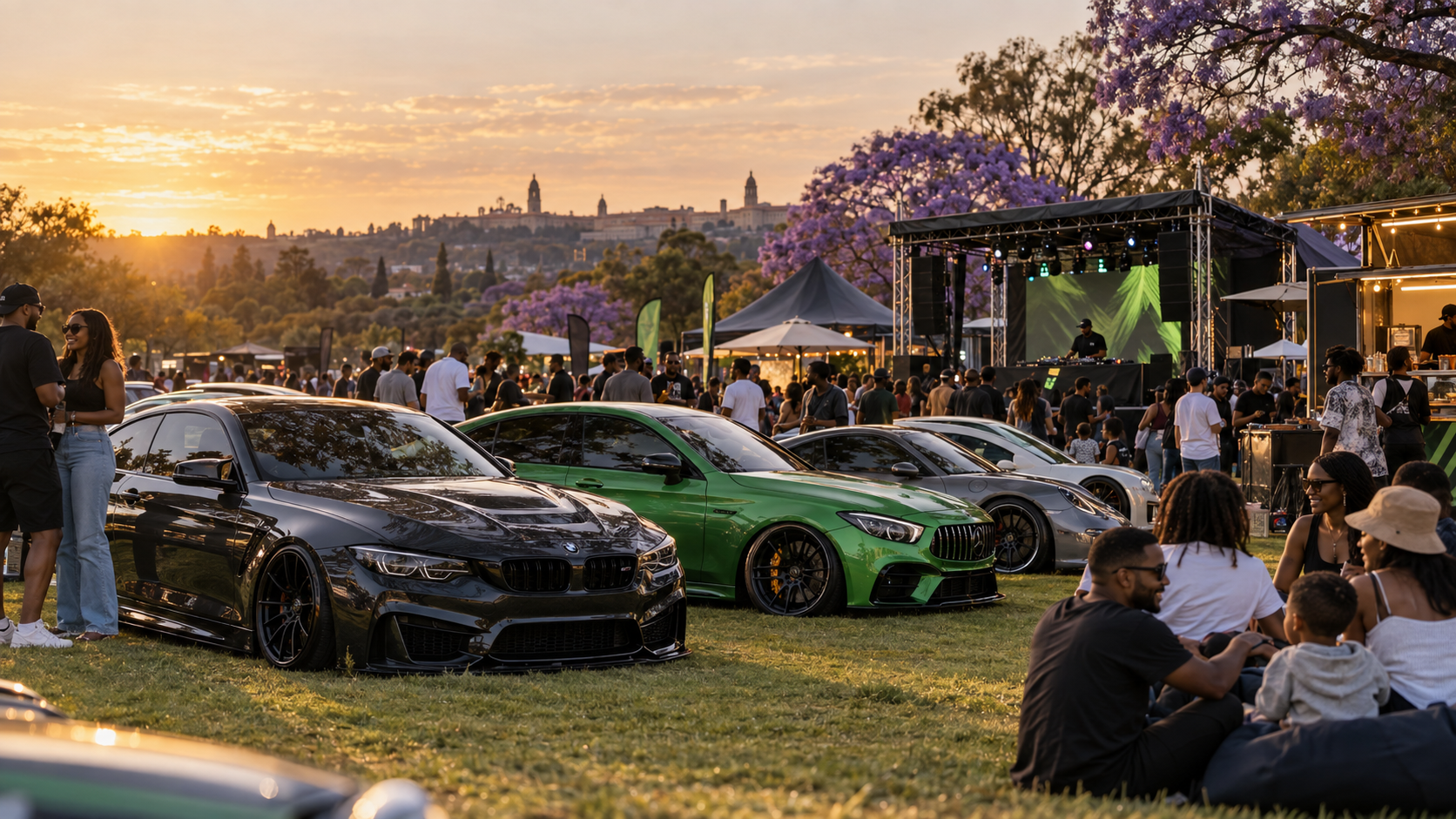 Custom cars, music and families at an outdoor Pretoria event at sunset